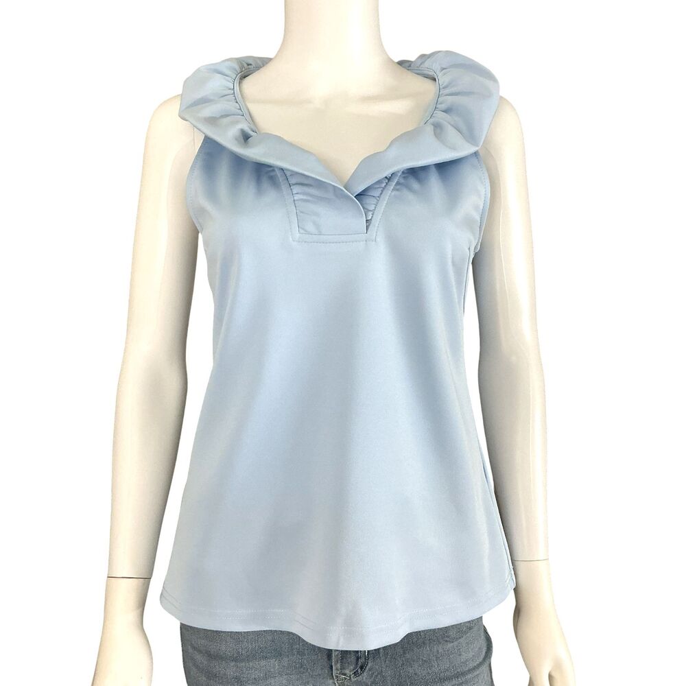 Gretchen Scott Womens Ruffleneck Top Size S Sleeveless Powder Blue Designer Glam